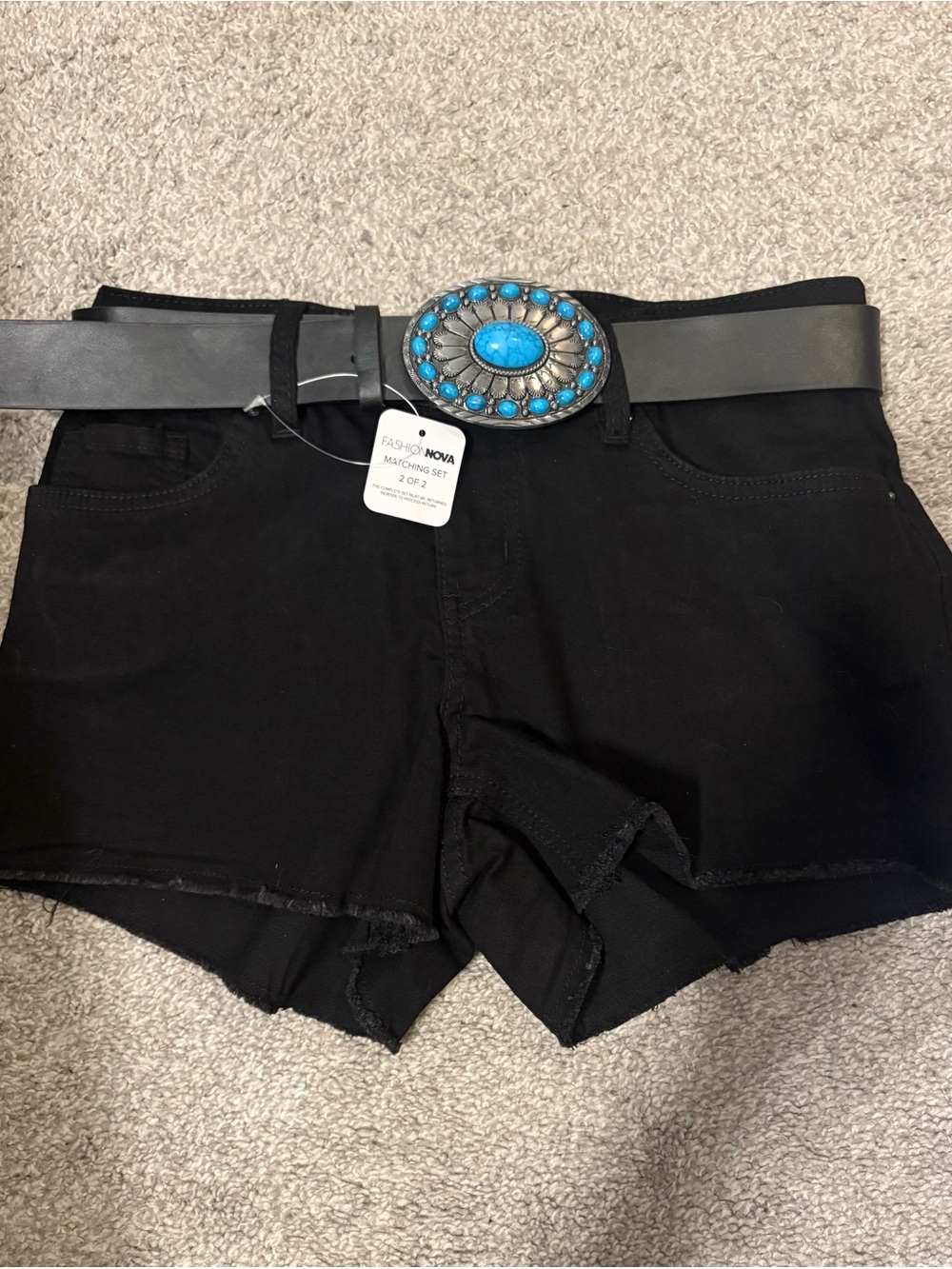 Fashion Nova Black High-Rise Denim Shorts with Decorative Belt